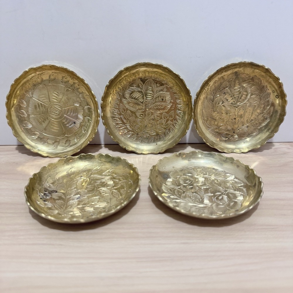 5 Small Brass Pin Dish Coaster Trinket Tray Made In India Etched Floral Boho
